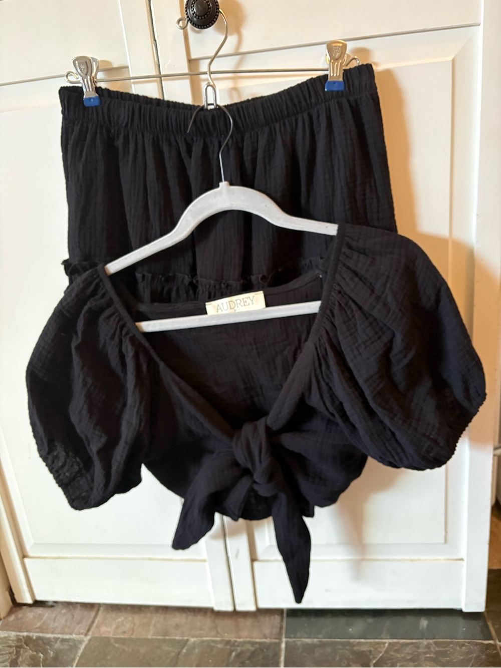audrey Black Tie-Front Puff Sleeve Cropped Blouse and skirt set